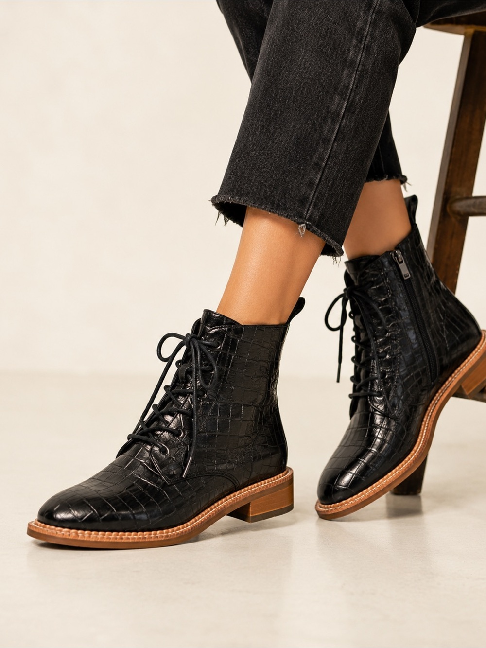 ARider Girl Black Croc Embossed Lace-Up Zip Side Ankle Boots Combat Moto Booties